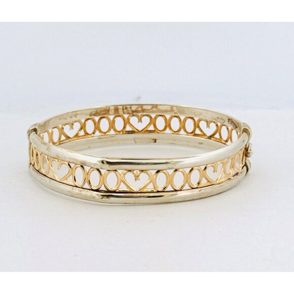 Estate Sterling Silver 925 & 14K Gold Heart Oval Link Bangle Bracelet 6” - Picture 1 of 12